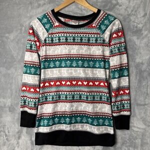 No Boundaries Fair Isle Pullover Women XS Grey Green Red Christmas Tree Mask